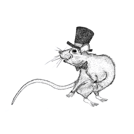 Black ink stippling art of a fancy dancing rat