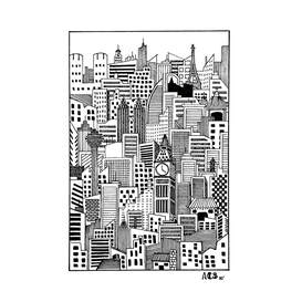 Black and white bulky cityscape line art