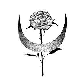 Black ink Stippling art Crescent moon with Rose